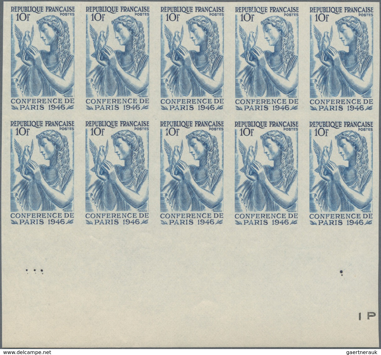 Frankreich: 1946, Peace Conference In Paris Set Of Two (Peace Dove) In IMPERFORATE Blocks Of Ten Fro - Sonstige & Ohne Zuordnung