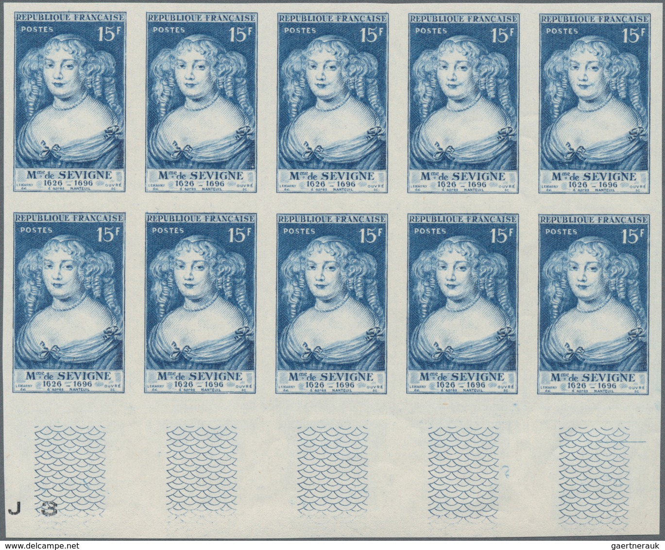 Frankreich: 1950, Marie De Sevigne 15fr. Blue IMPERFORATE Block Of Ten From Lower Margin, Mint Never - Other & Unclassified