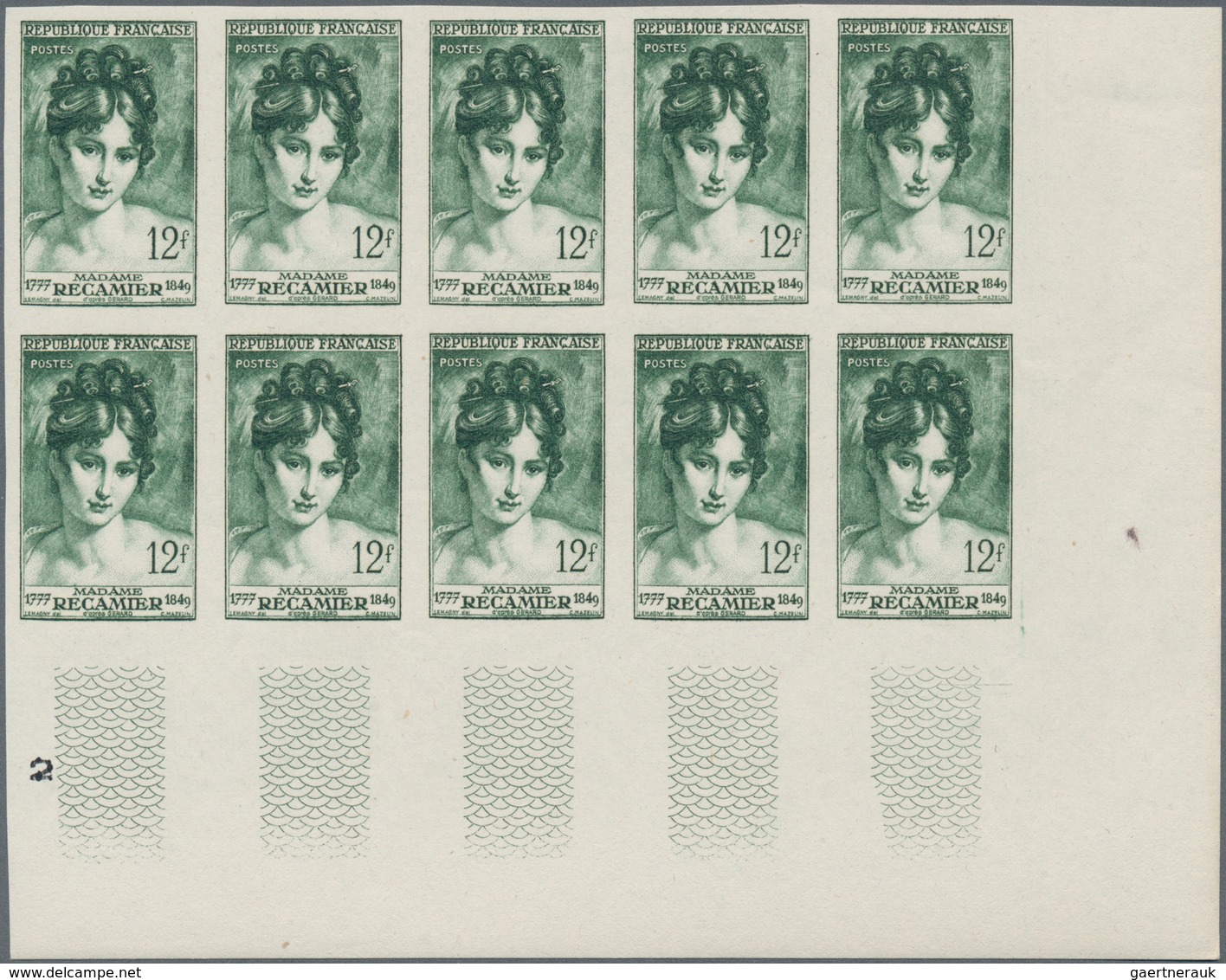 Frankreich: 1950, Juliette Recamier (author) 12fr. Green IMPERFORATE Block Of Ten From Lower Right C - Sonstige & Ohne Zuordnung