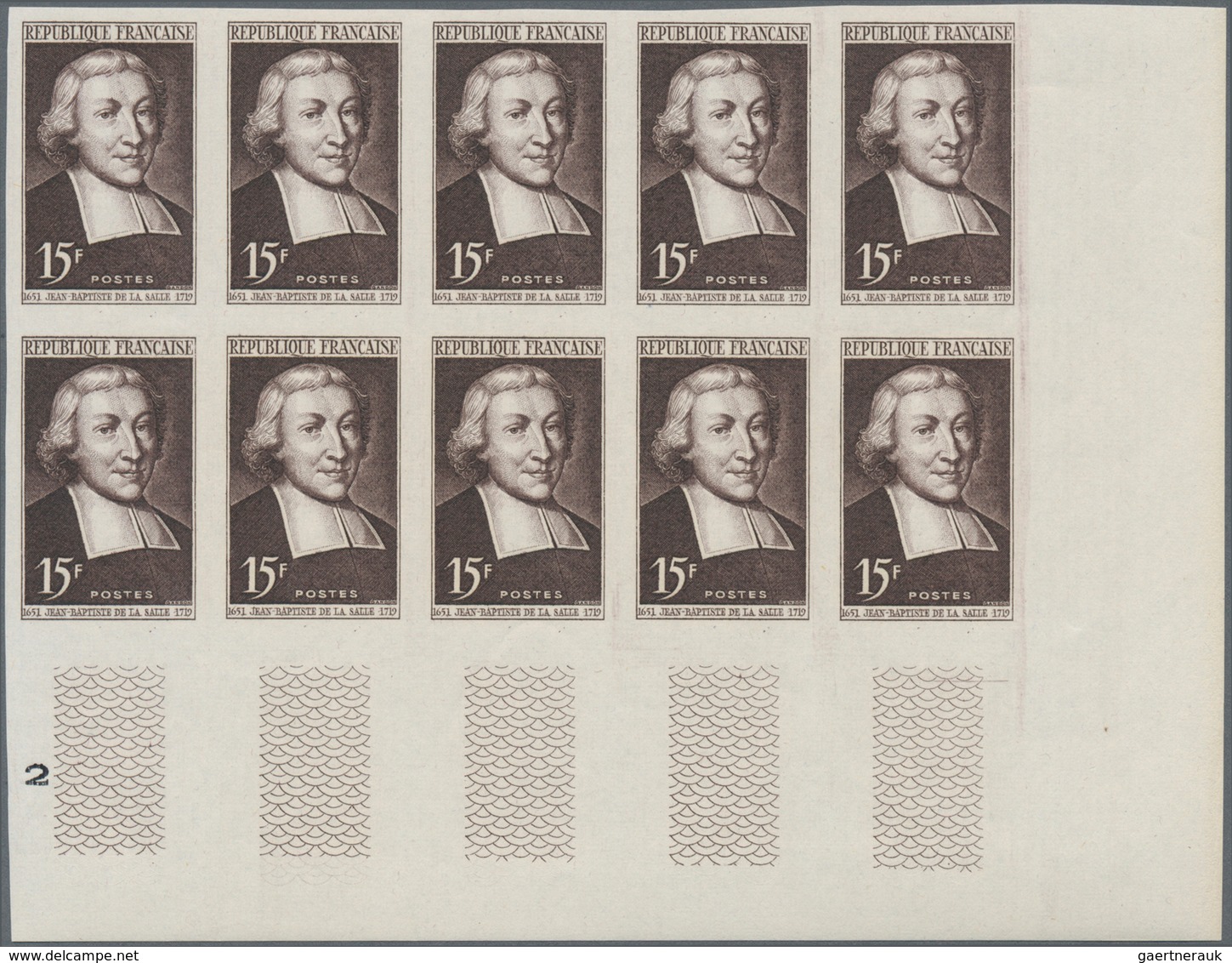 Frankreich: 1951, 300th Birthday Of Jean Baptiste De La Salle 15fr. Brown IMPERFORATE Block Of Ten F - Sonstige & Ohne Zuordnung