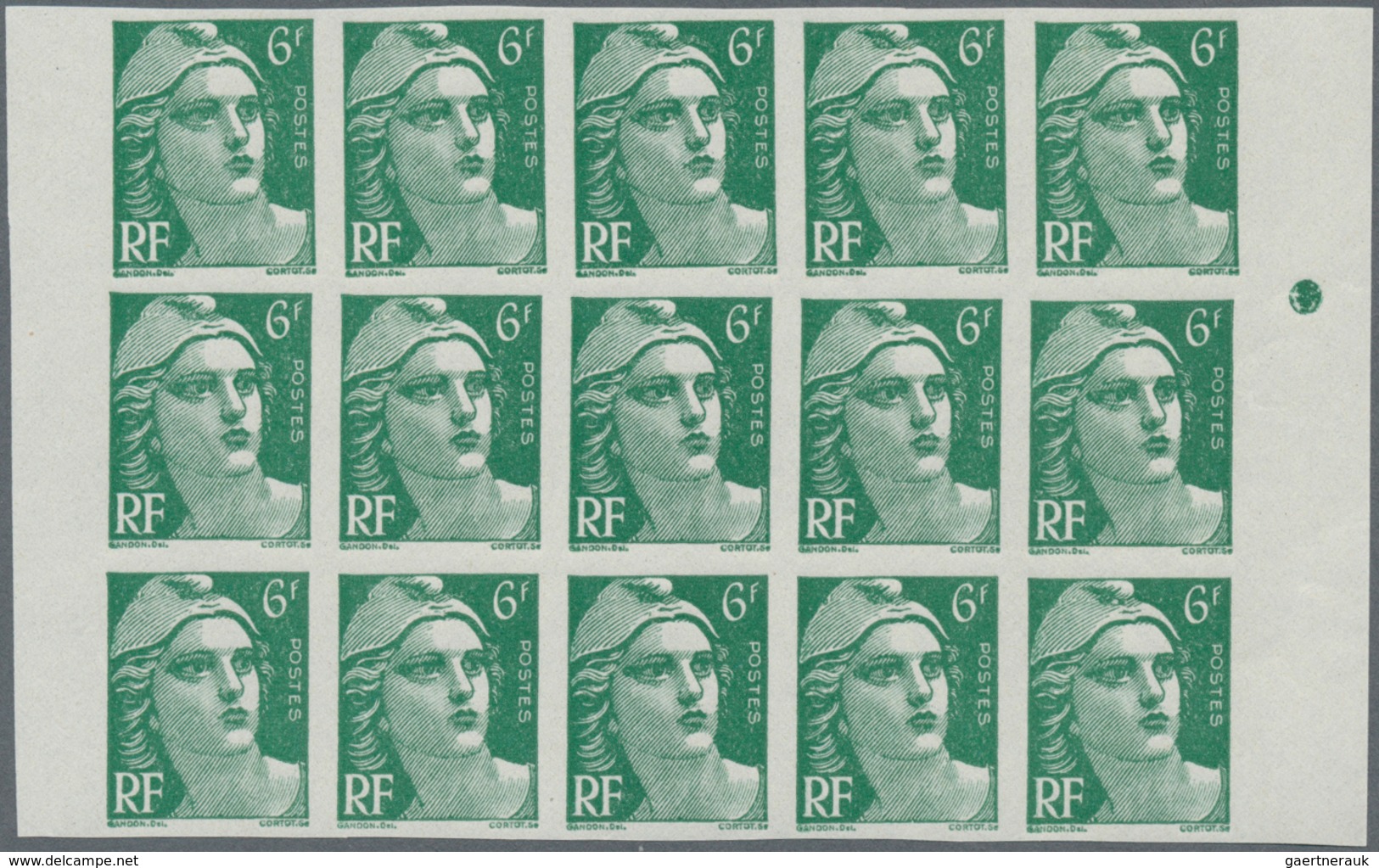 Frankreich: 1951, definitive issue Marianne (Gandon)‘ complete set of five in IMPERFORATE blocks of