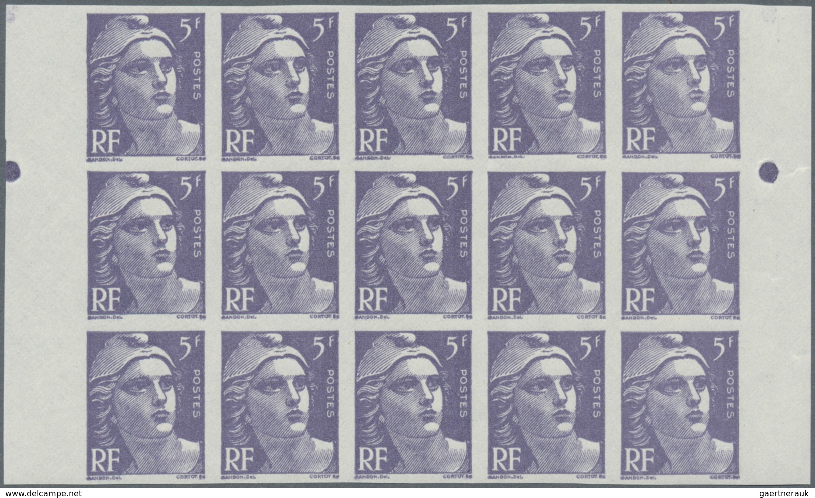 Frankreich: 1951, definitive issue Marianne (Gandon)‘ complete set of five in IMPERFORATE blocks of