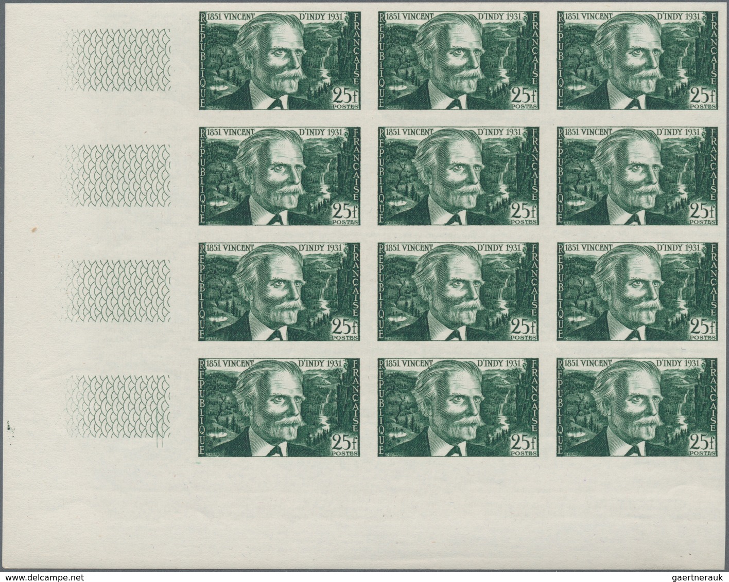 Frankreich: 1951, 100th Birthday Of Composer Vincent D‘Indy 25fr. Green IMPERFORATE Block Of Twelve - Sonstige & Ohne Zuordnung