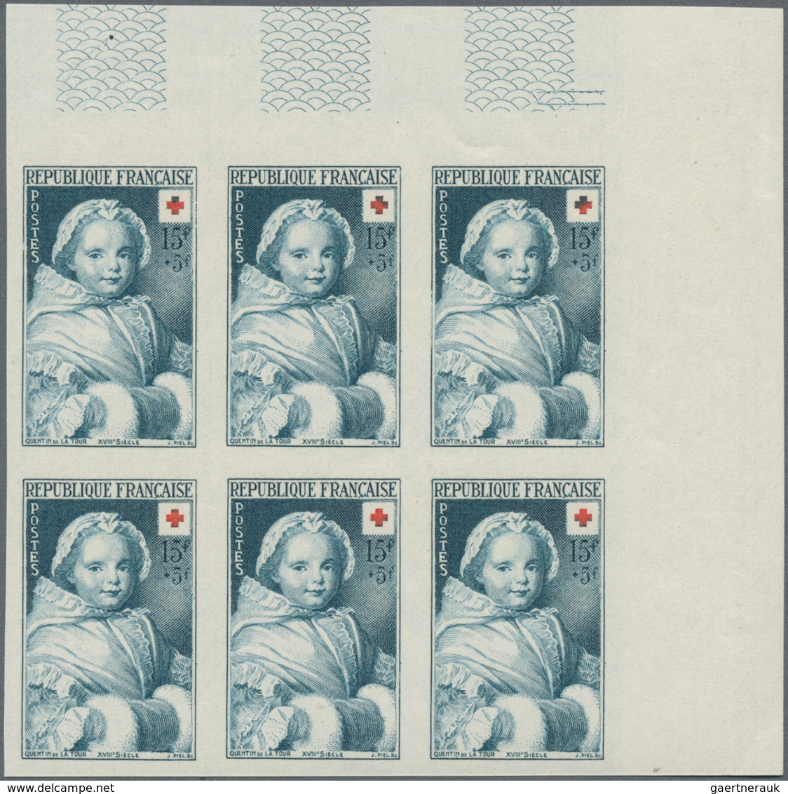 Frankreich: 1951, RED CROSS Set Of Two ‚Paintings‘ In IMPERFORATE Blocks Of Six From Upper Right Cor - Sonstige & Ohne Zuordnung