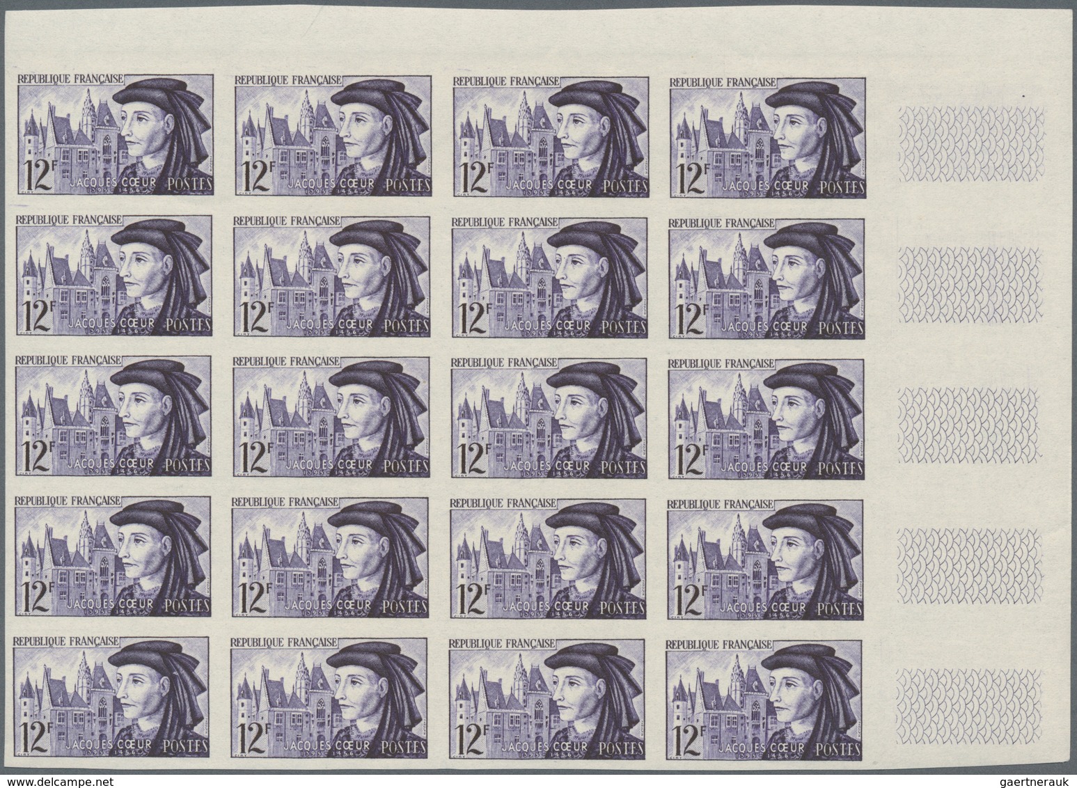 Frankreich: 1955, Jacques Cœur And Castle In Bourges 12fr. Violet IMPERFORATE Block Of 20 From Upper - Sonstige & Ohne Zuordnung