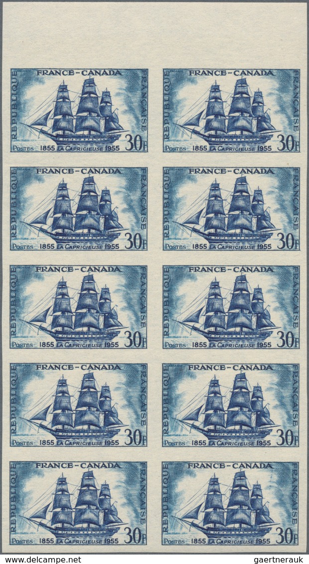 Frankreich: 1955, Caravelle ‚Capricieuse‘ 30fr. IMPERFORATE Block Of Ten From Upper Margin, Mint Nev - Other & Unclassified