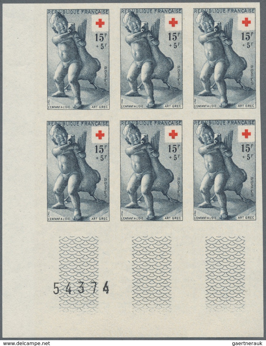 Frankreich: 1955, RED CROSS Set Of Two ‚Sculptures‘ In IMPERFORATE Blocks Of Six From Lower Left Cor - Sonstige & Ohne Zuordnung