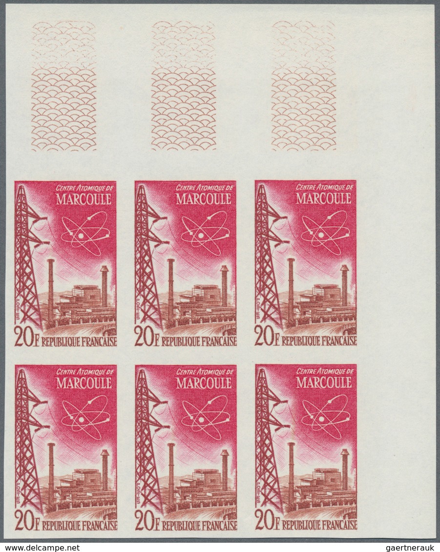 Frankreich: 1959, Architecture complete set of four in IMPERFORATE blocks of six from different corn