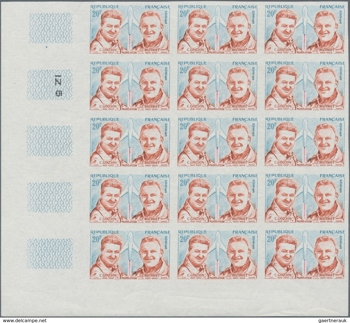 Frankreich: 1959, Charles Goujon And Constantin Rozanoff 20fr. IMPERFORATE Block Of 15 From Lower Le - Sonstige & Ohne Zuordnung