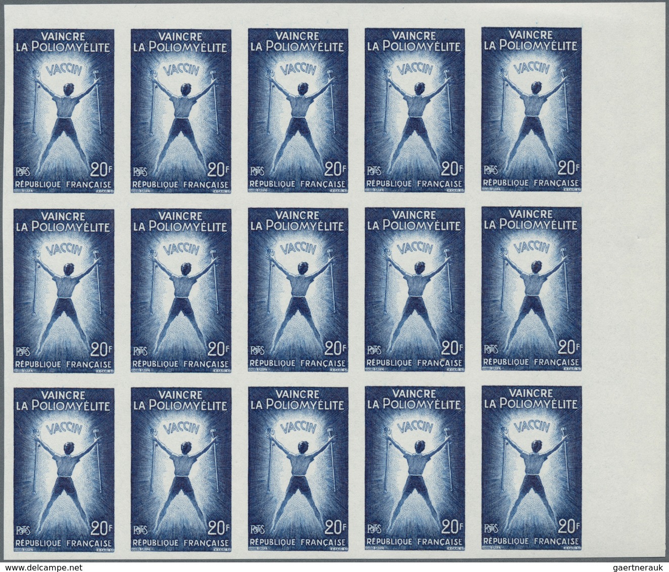 Frankreich: 1959, Vaccine Against Polio 20fr. IMPERFORATE Block Of 15 From Upper Right Corner, Mint - Sonstige & Ohne Zuordnung