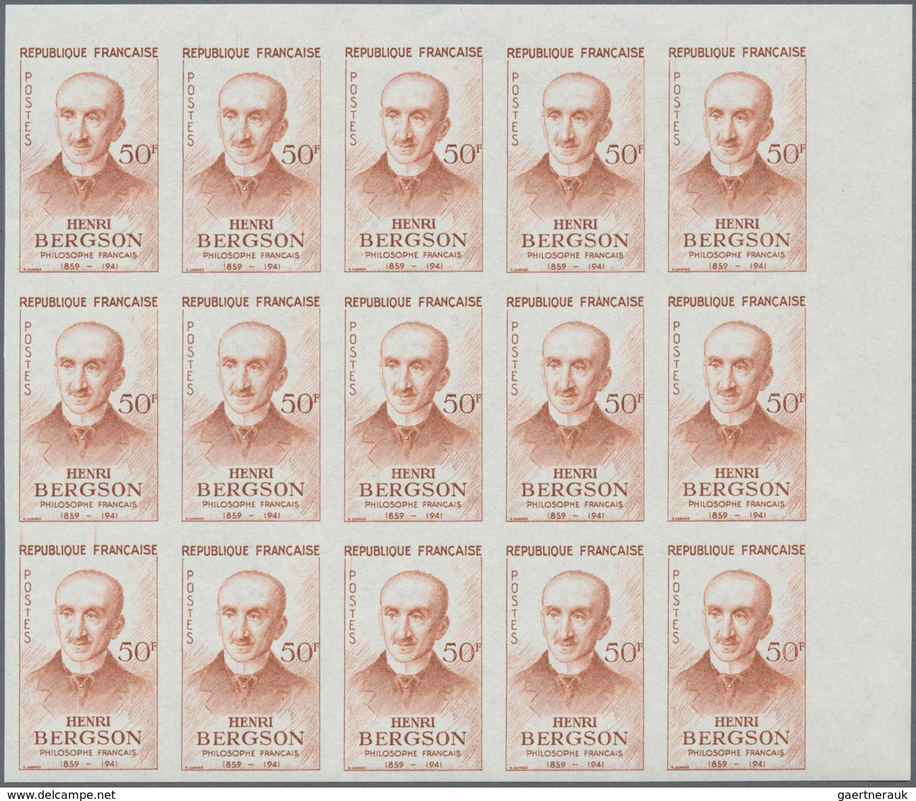 Frankreich: 1959, 100th Birthday Of Henri Bergson 50fr. IMPERFORATE Block Of 15 From Upper Right Cor - Sonstige & Ohne Zuordnung