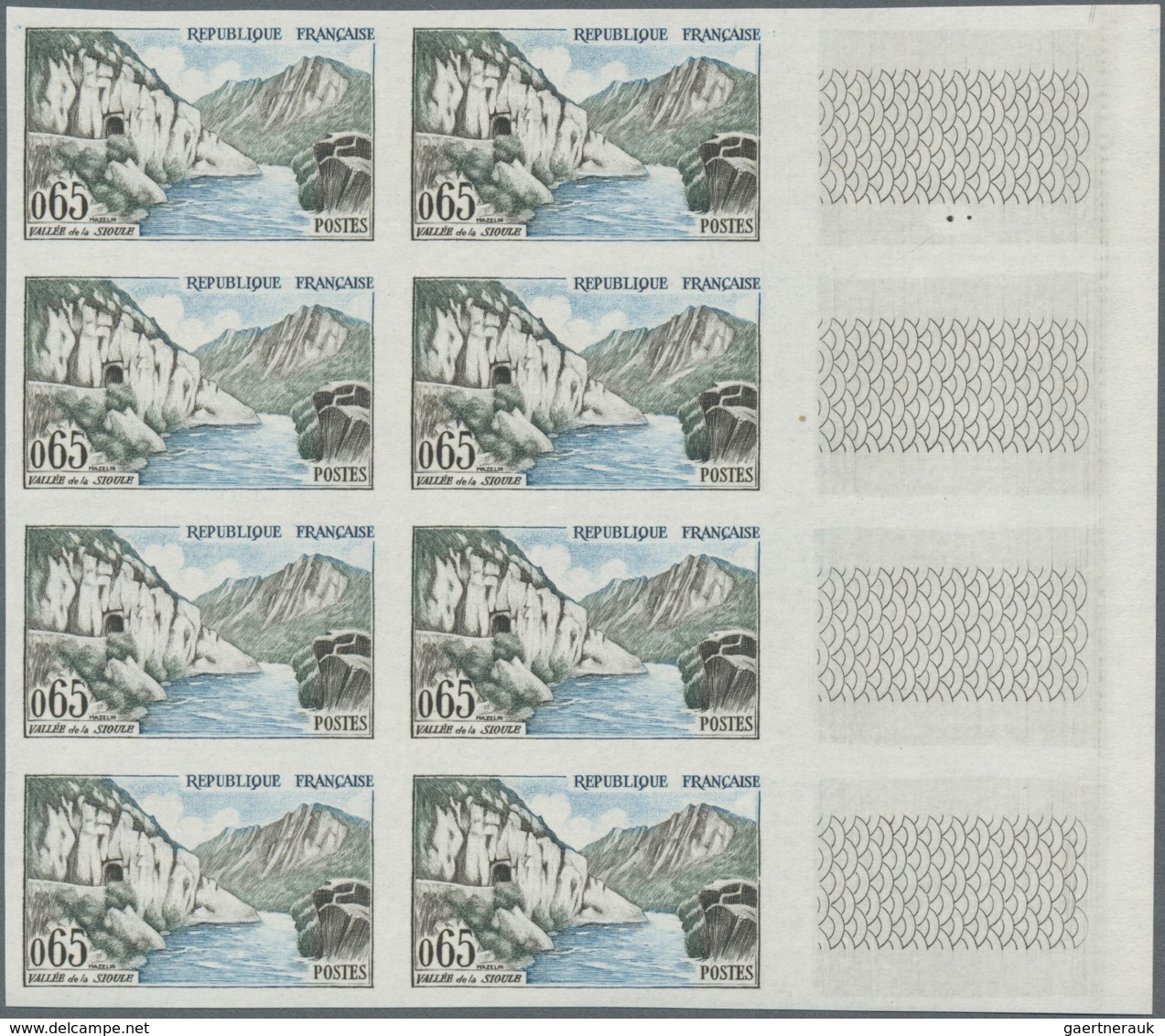 Frankreich: 1960, definitives ‚buildings and landscapes‘ complete set of seven in IMPERFORATE blocks