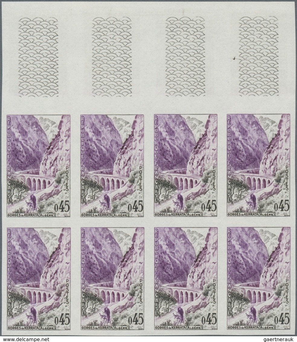 Frankreich: 1960, definitives ‚buildings and landscapes‘ complete set of seven in IMPERFORATE blocks