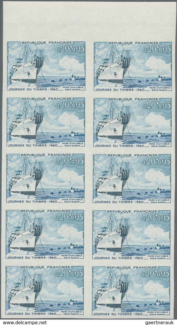 Frankreich: 1960, Stamp Day (Cable Ship) 0.20+0.05fr. IMPERFORATE Block Of Ten From Upper Margin, Mi - Andere & Zonder Classificatie