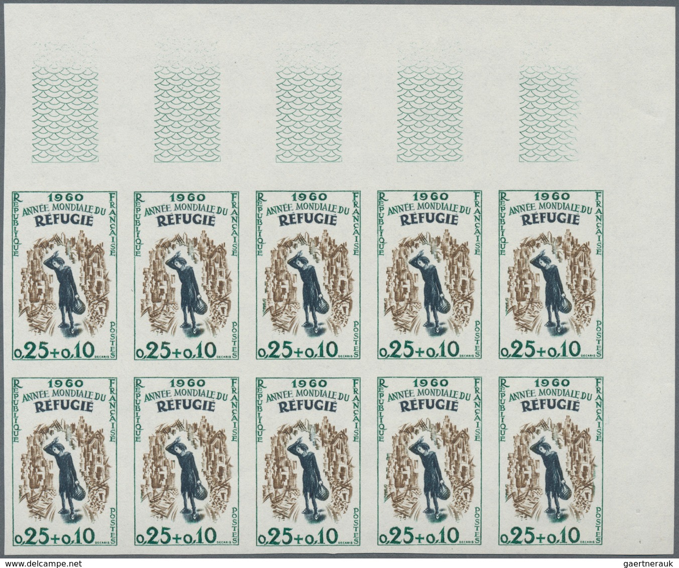 Frankreich: 1960, World Refugee Year 0.25+0.10fr. IMPERFORATE Block Of Ten From Upper Right Corner, - Sonstige & Ohne Zuordnung