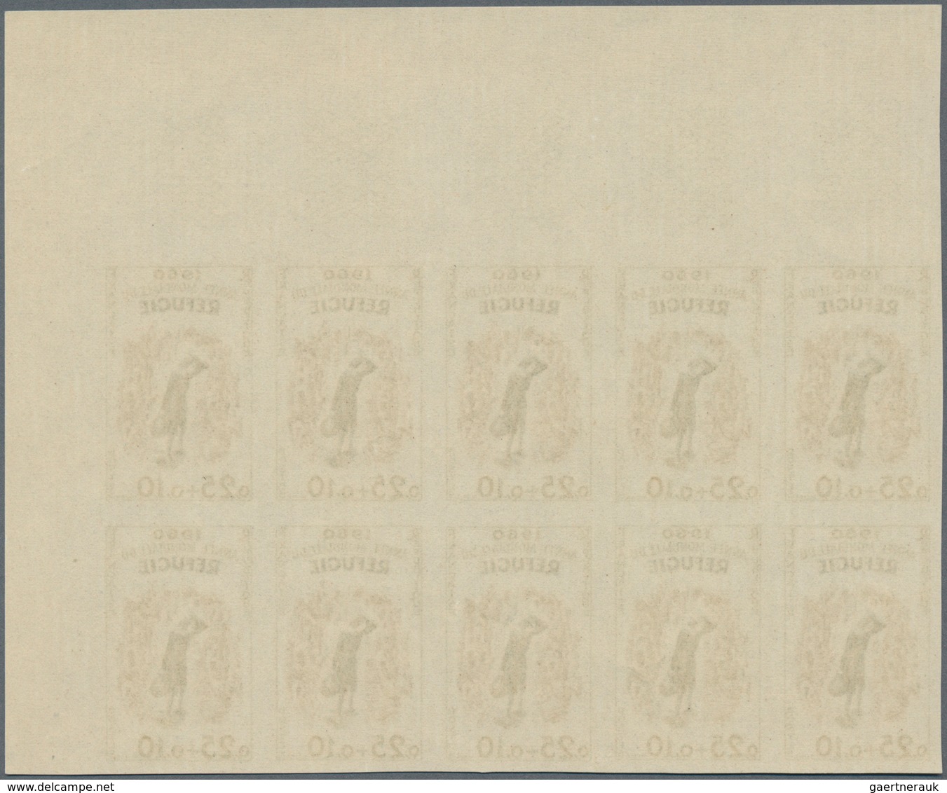 Frankreich: 1960, World Refugee Year 0.25+0.10fr. IMPERFORATE Block Of Ten From Upper Right Corner, - Sonstige & Ohne Zuordnung