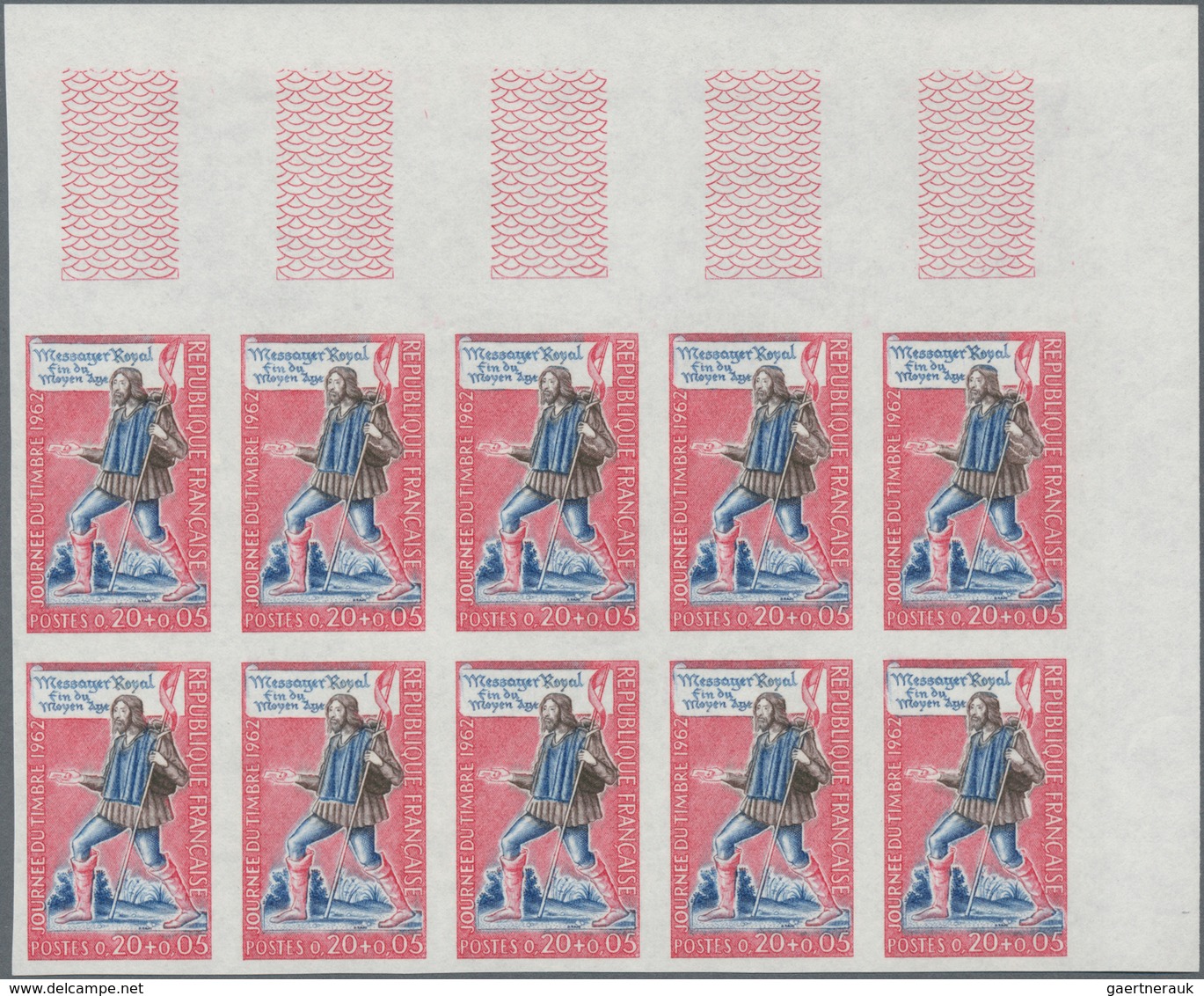Frankreich: 1962, Stamp Day 0.20+0.05fr. (Royal Postman) IMPERFORATE Block Of Ten From Upper Right C - Andere & Zonder Classificatie