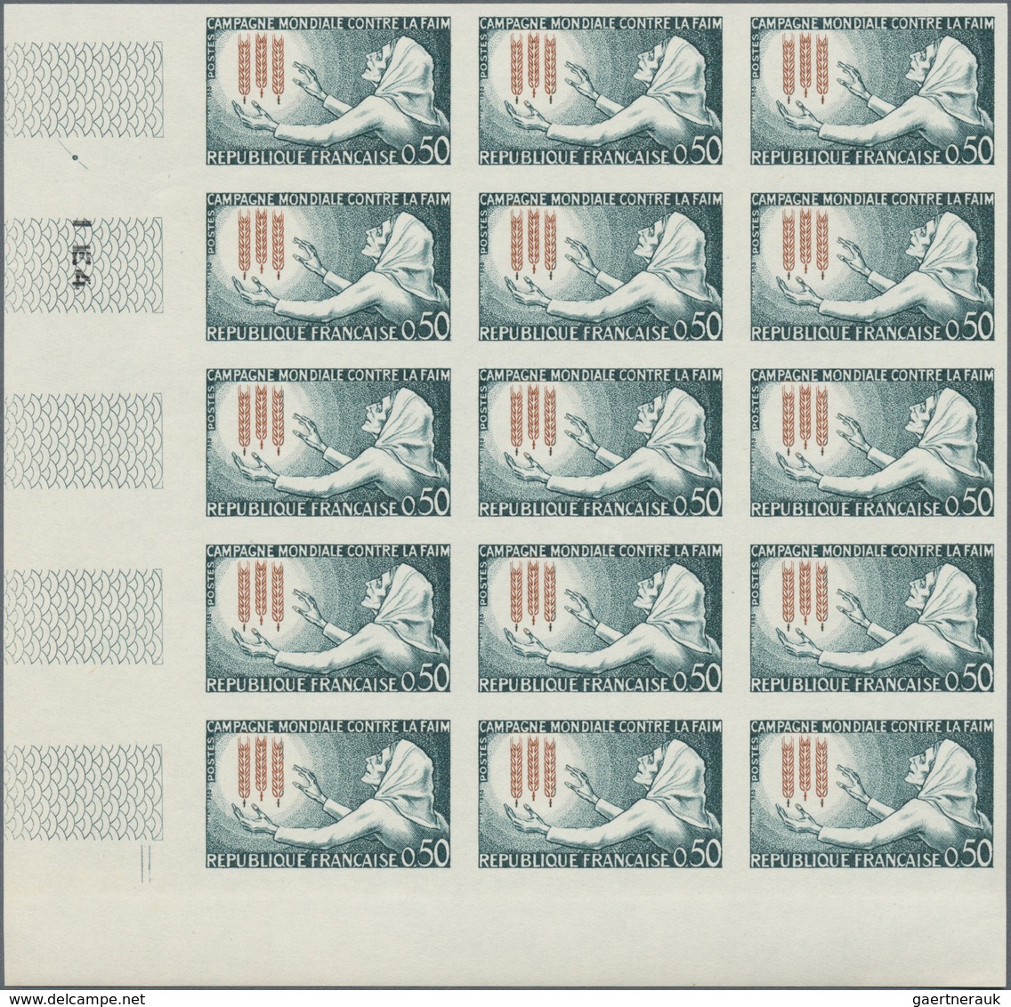 Frankreich: 1963, Battle Against Hunger 0.50fr. ‚woman And Wheat‘ IMPERFORATE Block Of 15 From Lower - Andere & Zonder Classificatie