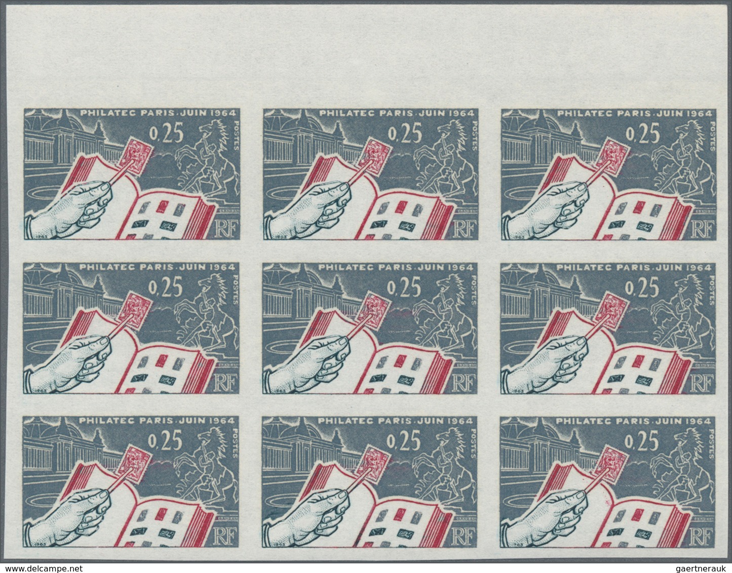 Frankreich: 1963, Philatec Exhibition Paris 0.25fr. IMPERFORATE Block Of Nine From Upper Margin, Min - Sonstige & Ohne Zuordnung