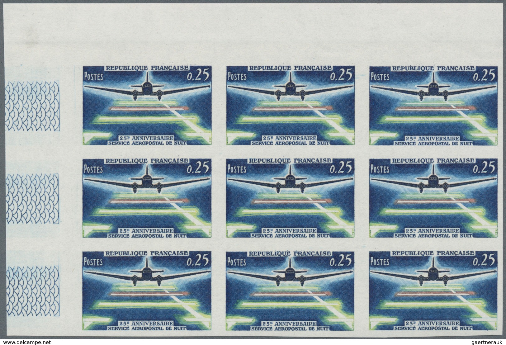 Frankreich: 1964, 25 Years Night Flight Post 0.25fr. (landing Airplane) IMPERFORATE Block Of Nine Fr - Sonstige & Ohne Zuordnung