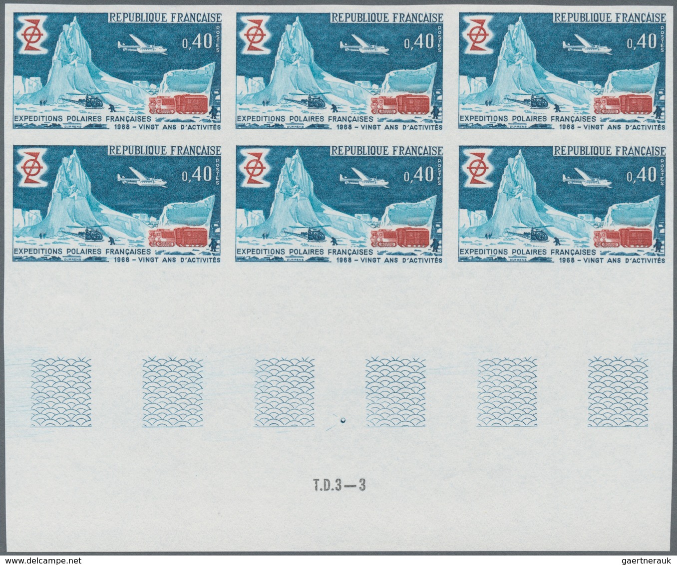 Frankreich: 1968, 20 Years Expedition To The South Pole 0.40fr. IMPERFORATE Block Of Six From Lower - Sonstige & Ohne Zuordnung