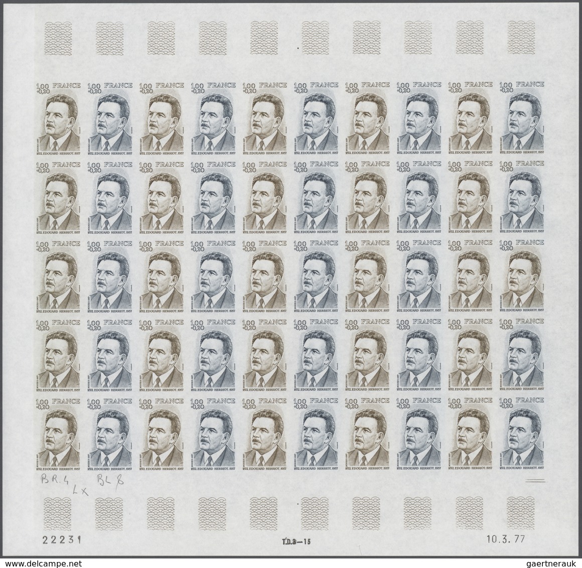 Frankreich: 1977, France. Set Of 3 Different Color Proof Sheets Of 50 For The Stamp "20th Death Anni - Sonstige & Ohne Zuordnung