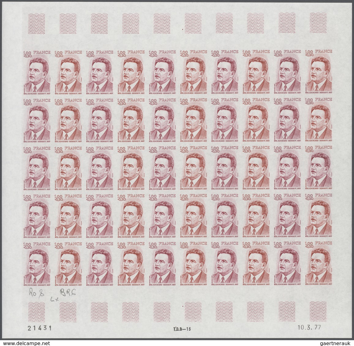 Frankreich: 1977, France. Set Of 3 Different Color Proof Sheets Of 50 For The Stamp "20th Death Anni - Sonstige & Ohne Zuordnung