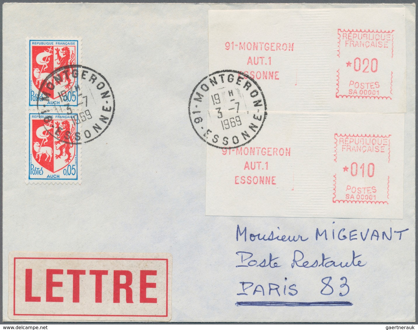 Frankreich - Automatenmarken: 1969, Montgeron "SA 00001", 0.10fr. And 20fr., Both Type 1 In Combinat - Other & Unclassified