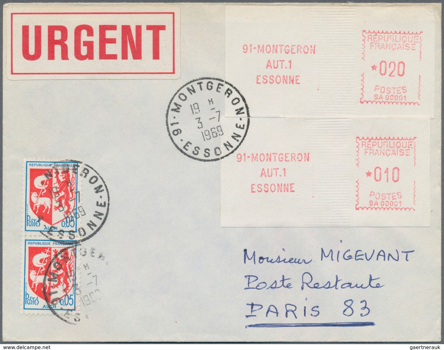 Frankreich - Automatenmarken: 1969, Montgeron "SA 00001", 0.10fr. And 20fr., Both Type 1 In Combinat - Sonstige & Ohne Zuordnung