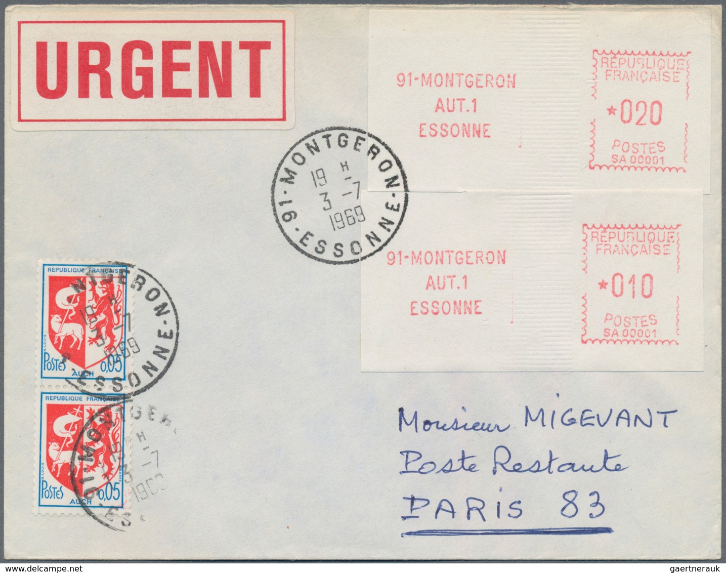 Frankreich - Automatenmarken: 1969, Montgeron "SA 00001", 0.10fr. And 20fr., Both Type 1 In Combinat - Other & Unclassified