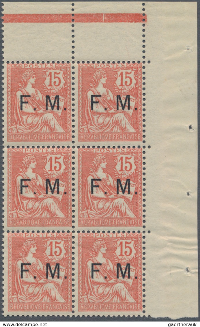 Frankreich - Militärpostmarken: 1902, Mouchon II 15c. Red Optd. ‚F. M.‘ Block Of Six From Upper Righ - Militaire Zegels