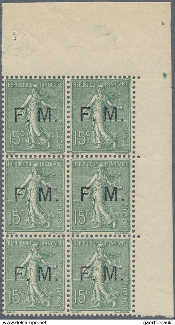 Frankreich - Militärpostmarken: 1904, Semeuse 15c. Grey-green Optd. ‚F. M.‘ Block Of Six From Upper - Militärische Franchisemarken