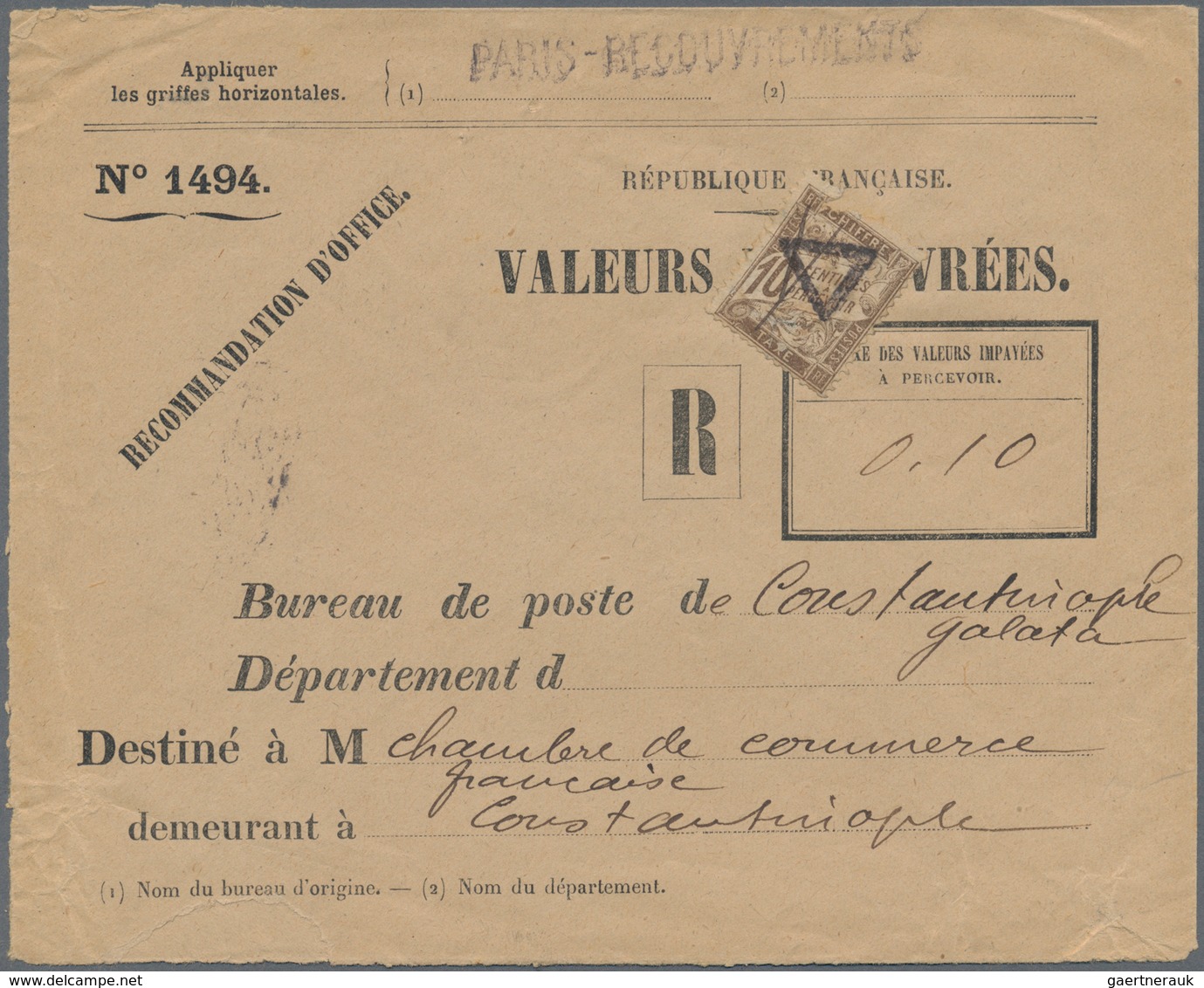 Frankreich - Portomarken: 1906, Post Official Pre-print Cover From Paris To Constantinopel, There Wr - 1960-.... Briefe & Dokumente