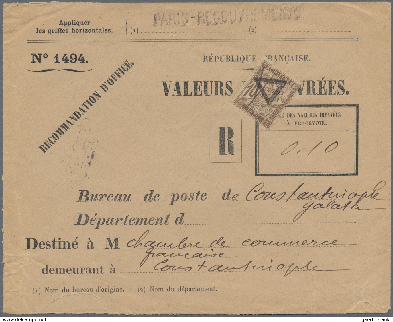 Frankreich - Portomarken: 1906, Post Official Pre-print Cover From Paris To Constantinopel, There Wr - 1960-.... Covers & Documents