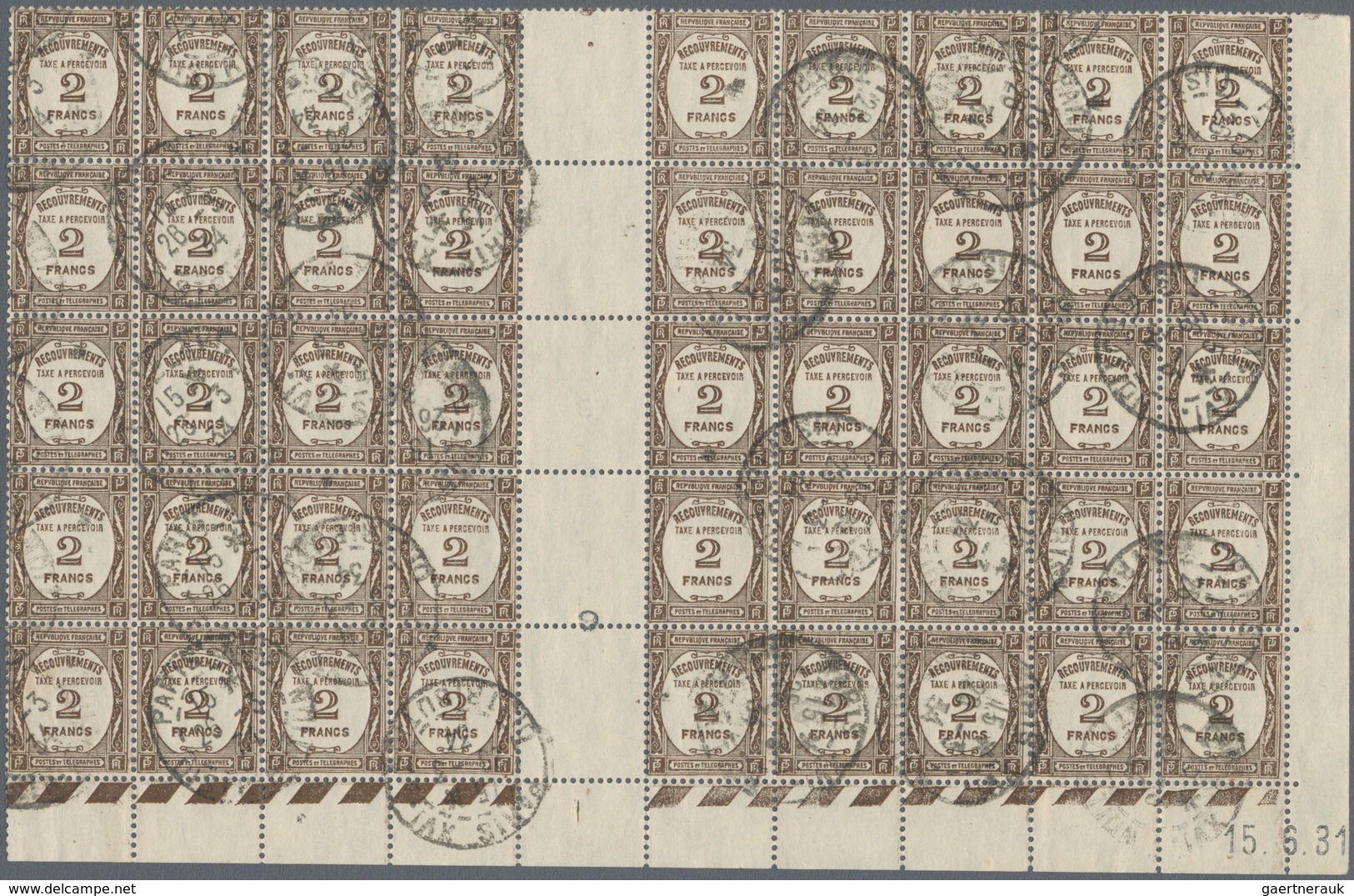 Frankreich - Portomarken: 1931, 2fr. Sepia, Gutter Block Of 45 From The Lower Right Corner Of The Sh - 1960-.... Covers & Documents