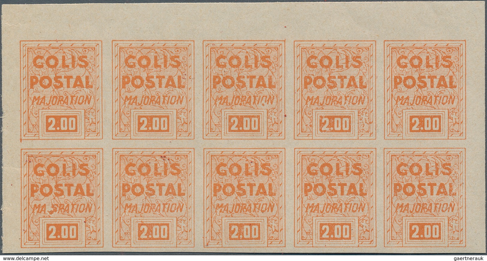 Frankreich - Postpaketmarken: 1941, Supplement Stamps (Majoration), Not Issued, 2fr. Orange Imperfor - Andere & Zonder Classificatie