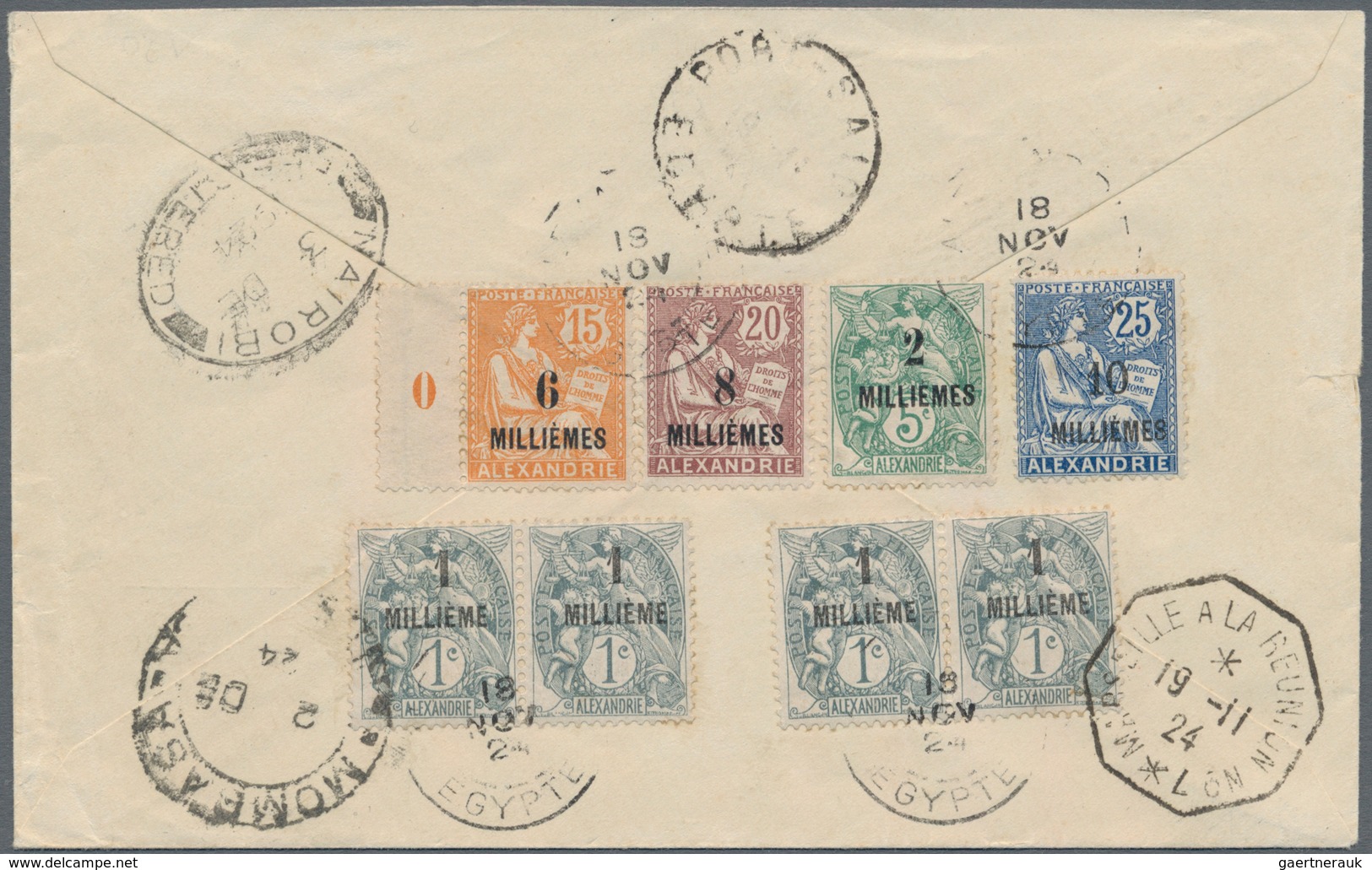 Französische Post In Ägypten - Alexandria: 1924, 5-color Franking With 8 Surcharged Stamps From 1 M - Sonstige & Ohne Zuordnung