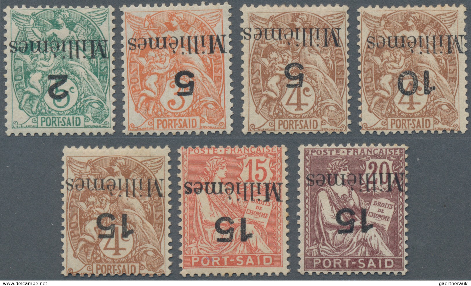 Französische Post In Ägypten - Port Said: 1921, 7 Stamps With Inverted Overprint Mint With Hinge, Si - Sonstige & Ohne Zuordnung