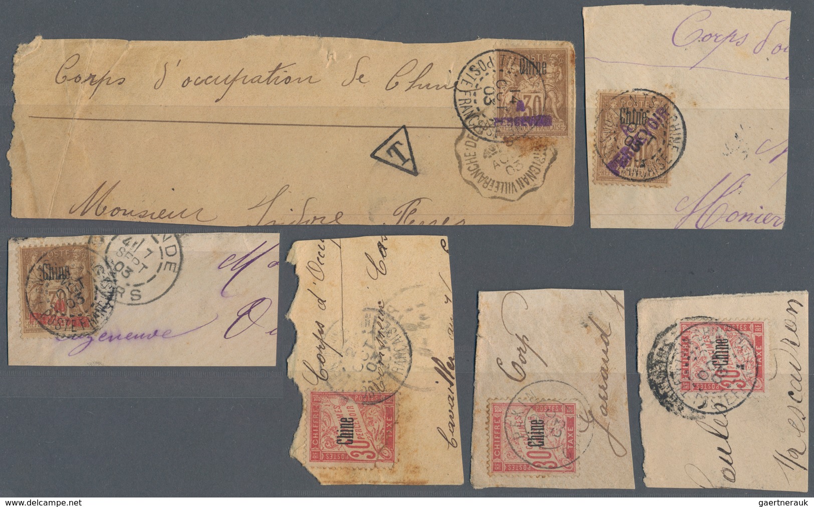 Französische Post In China - Portomarken: 1903 (ca.), Due Stamps Ovpt. "Chine" On Piece: 30 C. Red ( - Andere & Zonder Classificatie