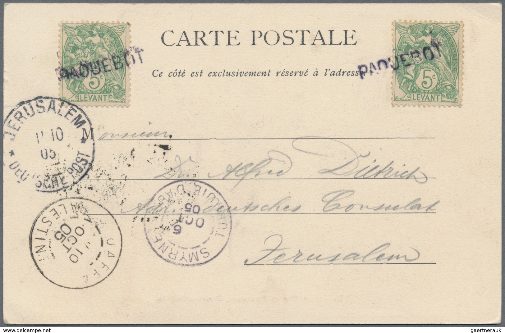Französische Post In Der Levante: 1905, 2 X 5 C Green, Each Stamp Tied By Single-line PAQUEBOT, On P - Andere & Zonder Classificatie