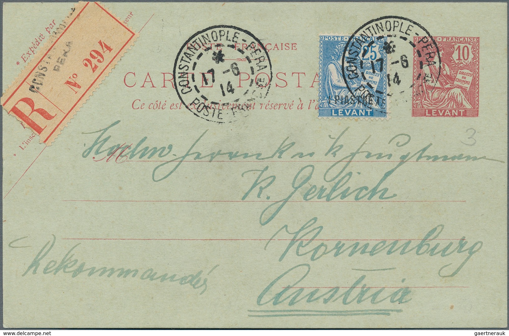 Französische Post In Der Levante: 1903, 1 Pia. On 25 C Blue Additional Franking On 10 C Registered P - Sonstige & Ohne Zuordnung