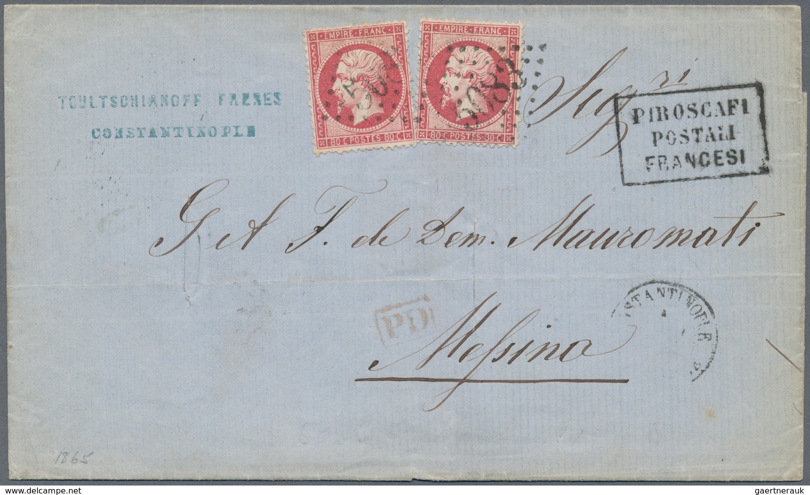 Französische Post In Der Levante: 1865, 2x 80 C Napoleon With "5083" Rhombus Cancel And Besides Fram - Sonstige & Ohne Zuordnung