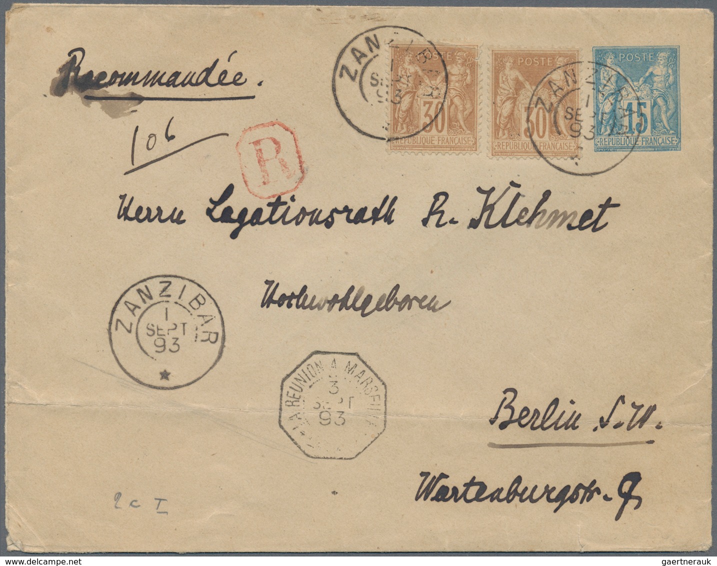 Französische Post In Zanzibar: 1893, 1.9., Two Stamps France 30 C Allegorie Additional Franking On 1 - Andere & Zonder Classificatie