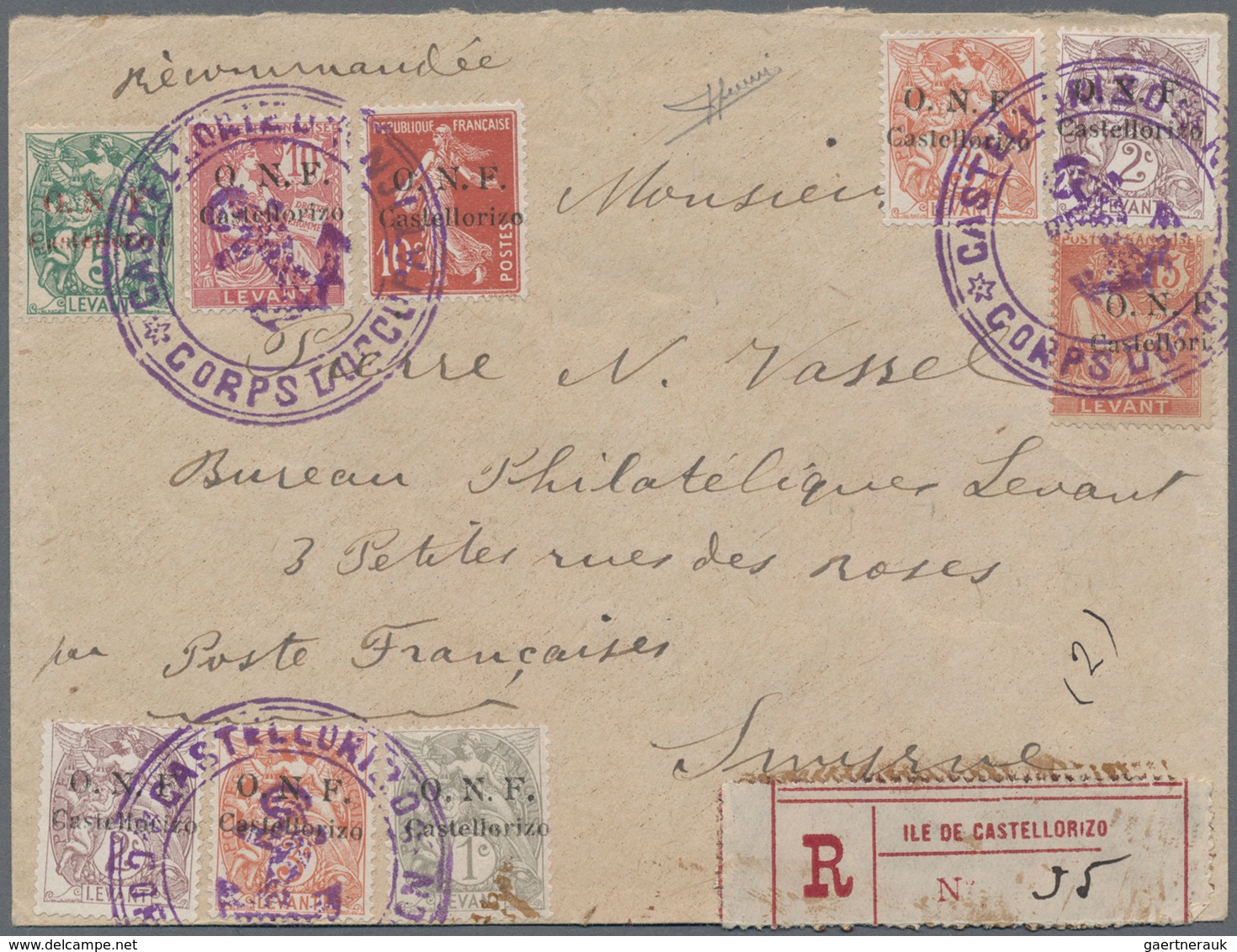 Französische Besetzung I. WK - Castellorizo: 1920, "O.N.F." Overprints, Attractive Franking Of Nine - Sonstige & Ohne Zuordnung