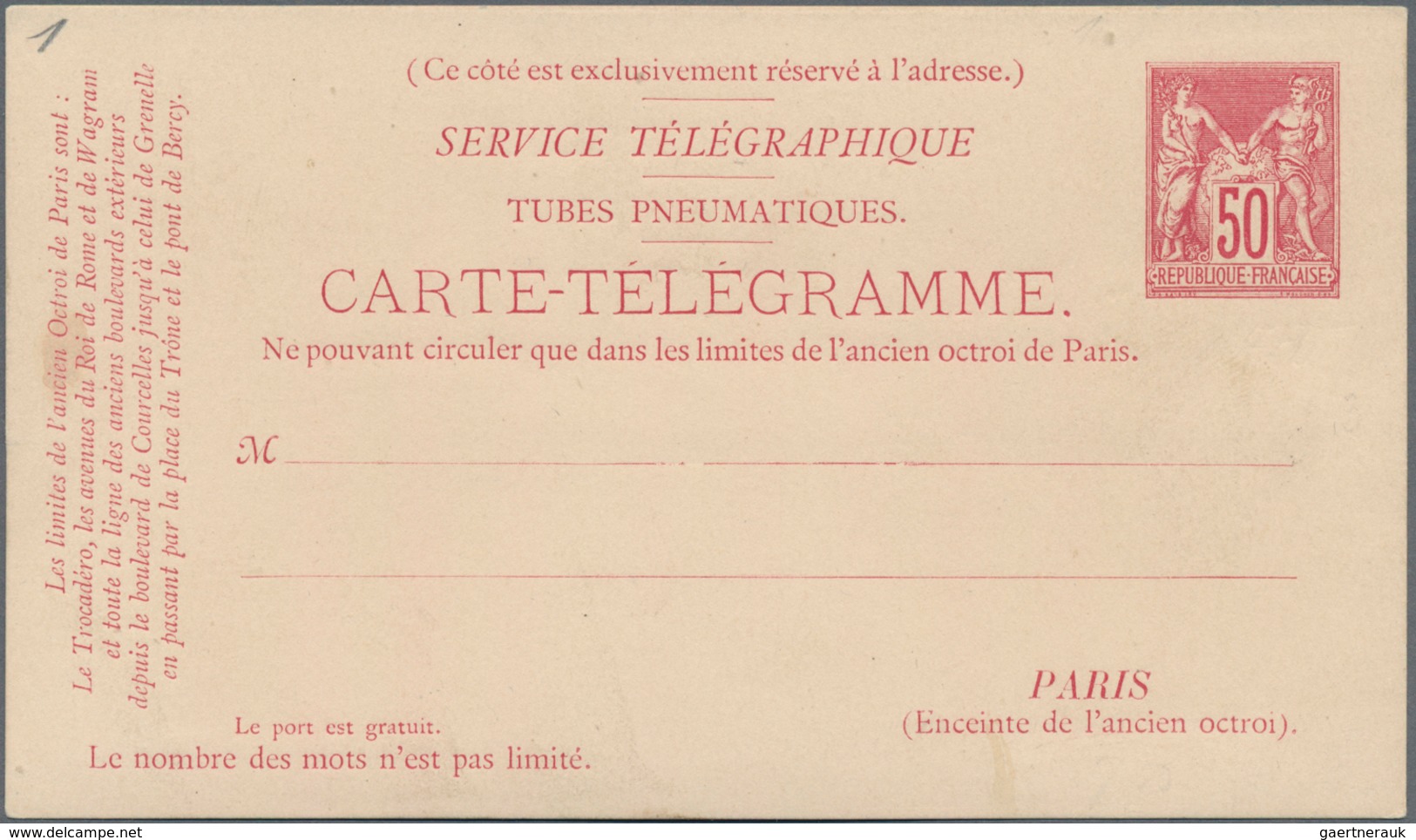 Frankreich - Ganzsachen: 1879/1880, 50 C Carmine Pneumatic Postal Stationery Card And 30c On 50c Ove - Sonstige & Ohne Zuordnung