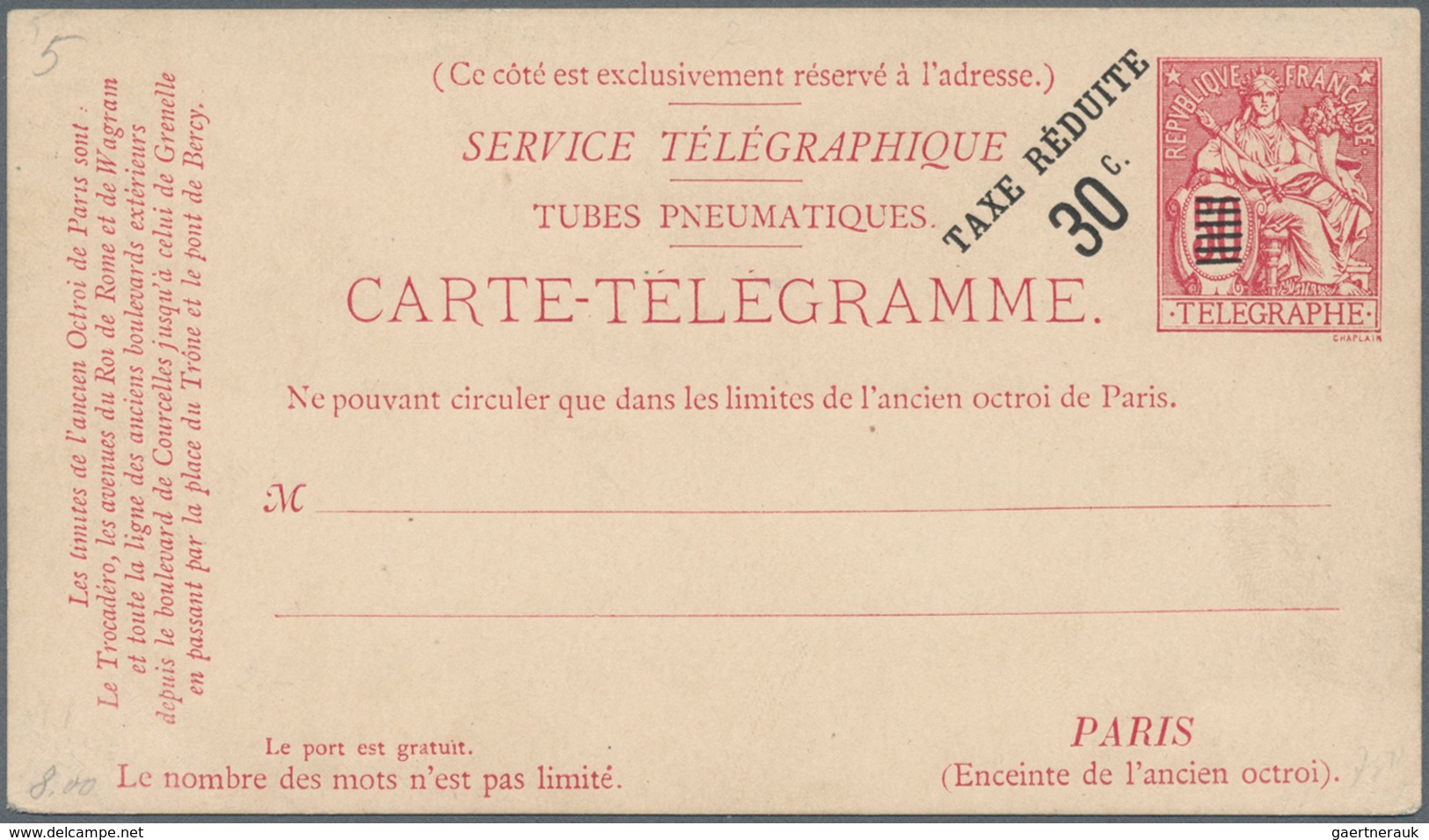 Frankreich - Ganzsachen: 1880, 50 C/50 C Carmine Pneumatic Double Postcard, 30 C On 50 C Overprint P - Andere & Zonder Classificatie