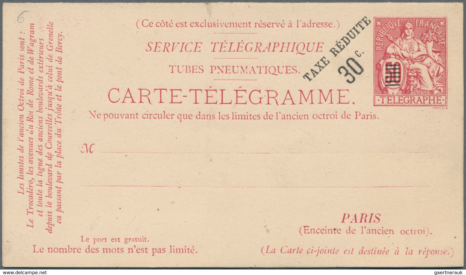 Frankreich - Ganzsachen: 1880, 50 C/50 C Carmine Pneumatic Double Postcard, 30 C On 50 C Overprint P - Other & Unclassified