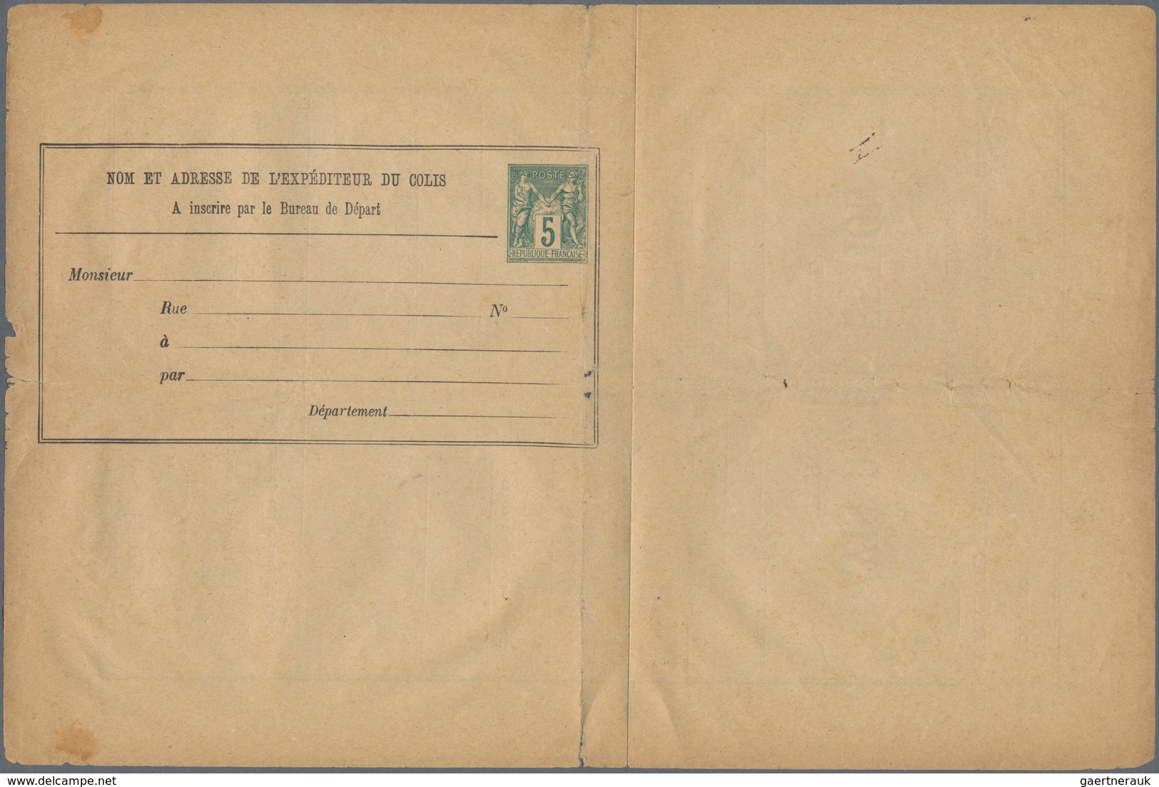 Frankreich - Ganzsachen: 1886, 5 C Sage Dark-green Parcel Post Receipt Unused, Usual Shortcomings (f - Andere & Zonder Classificatie