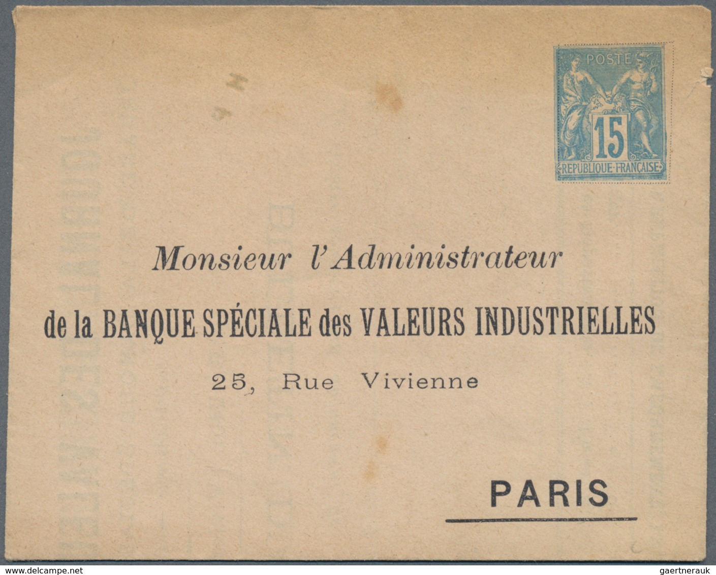 Frankreich - Ganzsachen: 1890s (approx). Folded Letter 15c Sage "Banque Spéciale Des Valeurs Industr - Sonstige & Ohne Zuordnung