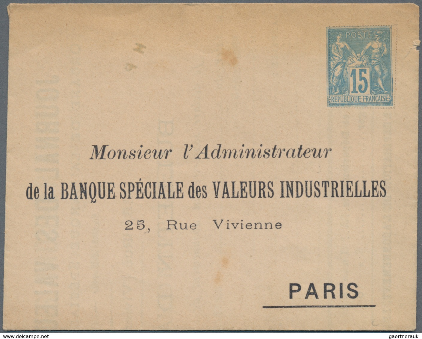 Frankreich - Ganzsachen: 1890s (approx). Folded Letter 15c Sage "Banque Spéciale Des Valeurs Industr - Other & Unclassified